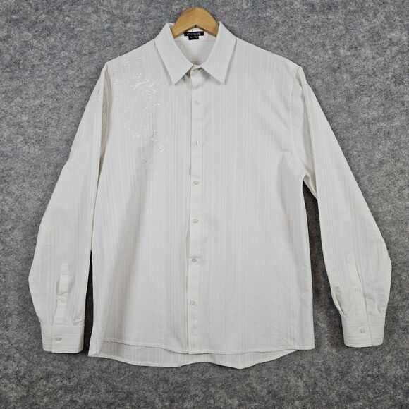 AT COLLINS Men's Dress Shirt White Size XL Embroidery Striped Floral Button‎ Up - Picture 1 of 16